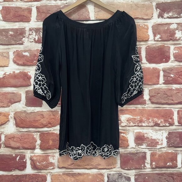 Fiori di Zucca Top Women's Size 4 Dark Gray White Silk Boho Floral Popover Shirt - Picture 4 of 8